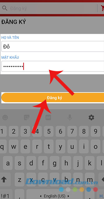 Điền Họ tên và mật khẩu