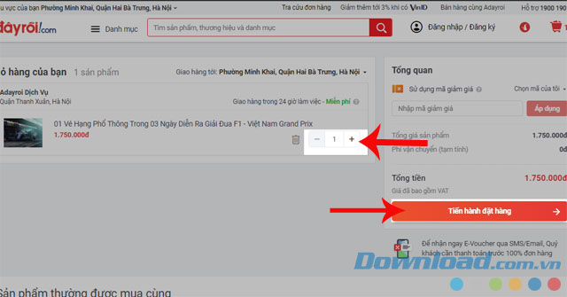 Nhấn Tiến hành đặt hàng