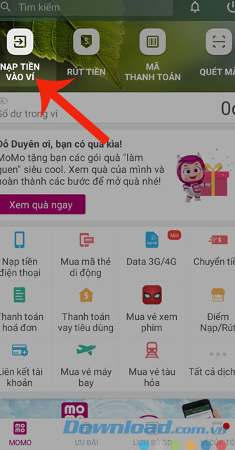 Bấm vào Nạp tiền