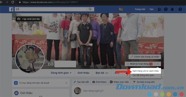 Nhân vào Xem trang cá nhân với tư cách khác