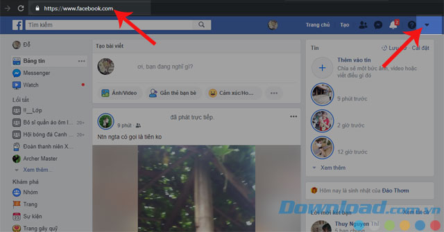 Bấm vào hình tam giác ngược