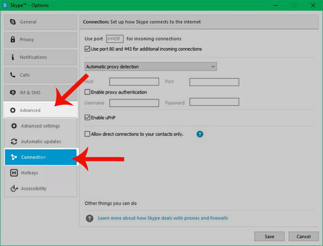 Ấn vào Advanced rồi nhấn Connection