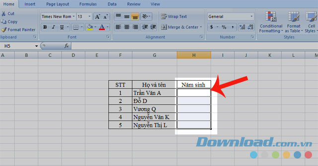Bôi đen cột Năm sinh