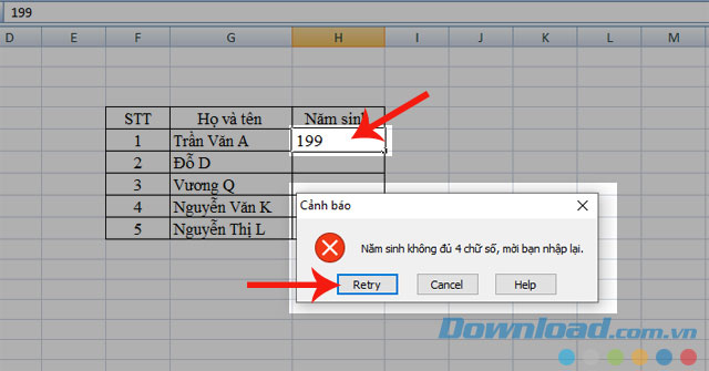 Thông báo xuất hiện sau khi gõ sai