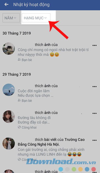 Ấn vào Hạng mục