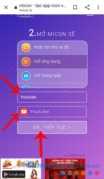Đặt tên và chọn ứng dụng