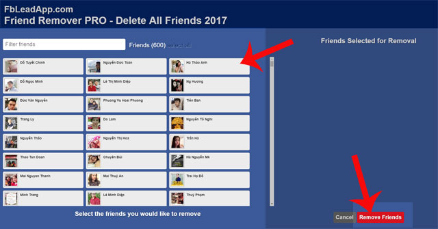 Chọn bạn bè và bấm Remove Friends