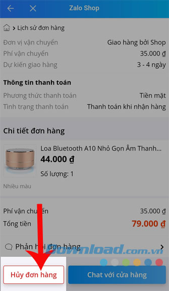 Bấm Hủy đơn hàng