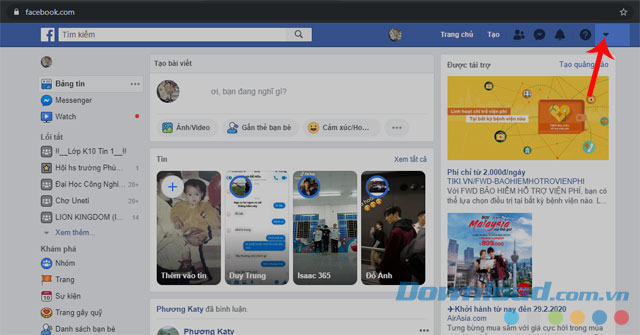 Nhấn vào nút tam giác ngược