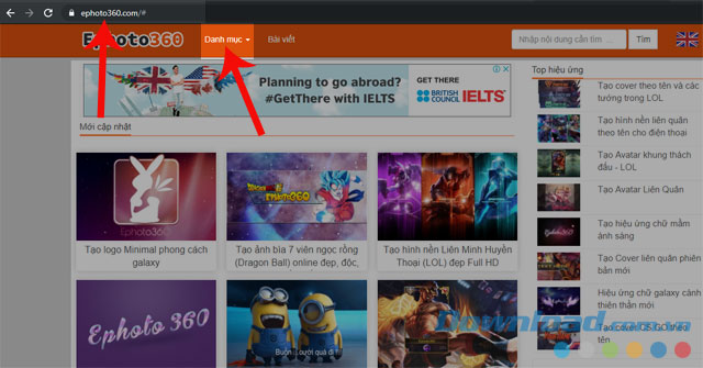 Ấn vào Danh mục