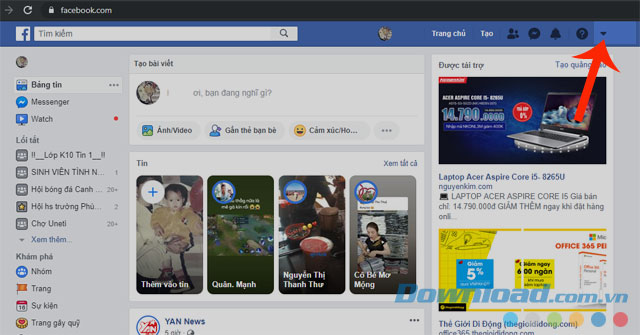 Nhấn vào hình tam giác ngược