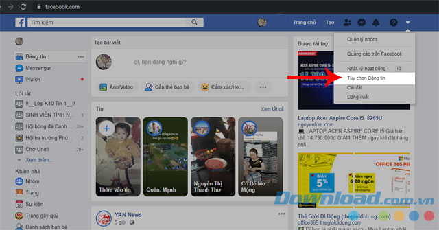 Ấn vào Tùy chọn Bảng tin