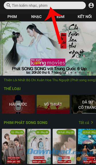 Nhấn vào thanh tìm kiếm và gõ tên bài hát