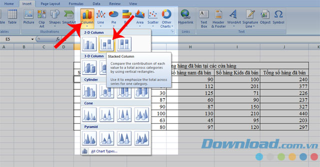 Chọn ô Stacked Column