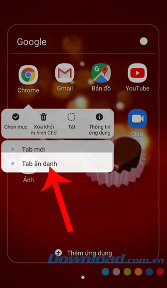 Giữ và kéo mục Tab ẩn danh