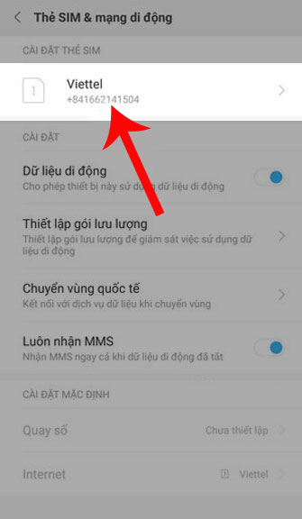 Số điện thoại hiện lên trong mục thẻ sim