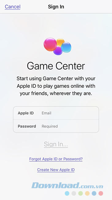 Đăng nhập Game Center 