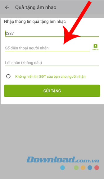 Nhập số điện thoại, lời nhắ và ấn gửi tặng