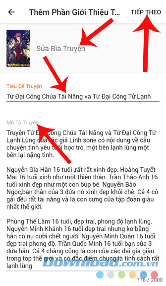 Đặt ảnh bìa, nhập tiêu đề và mô tả truyện
