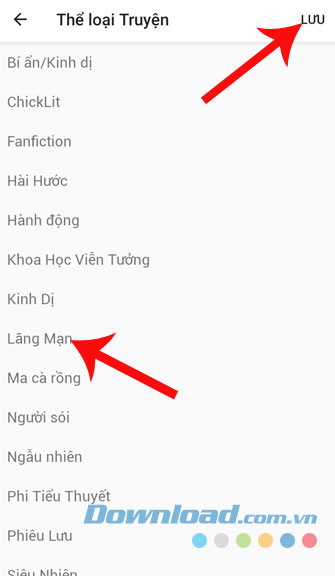 Chọn thể loại truyện rồi ấn Lưu