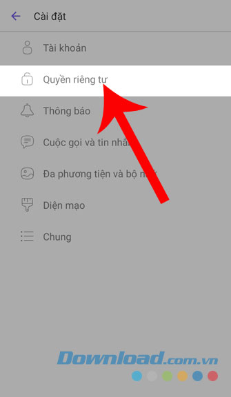 Nhấn vào Quyền riêng tư