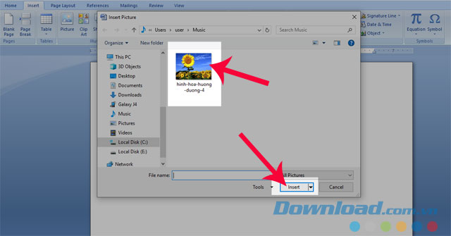 Chọn hình ảnh và ấn Insert