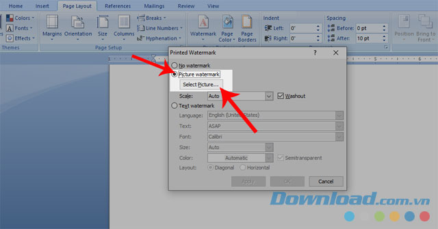 Tick vào ô Picture Watrmark và nhấn nút Picture Select