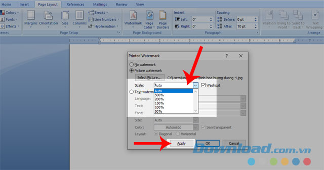 Chọn độ rộng trong ô Scale