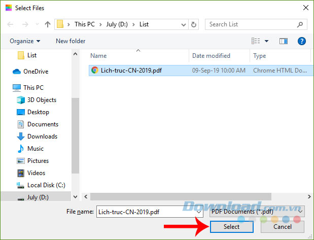 Chọn file cần đặt mật khẩu