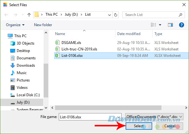 Chọn file Excel cần đổi sang PDF