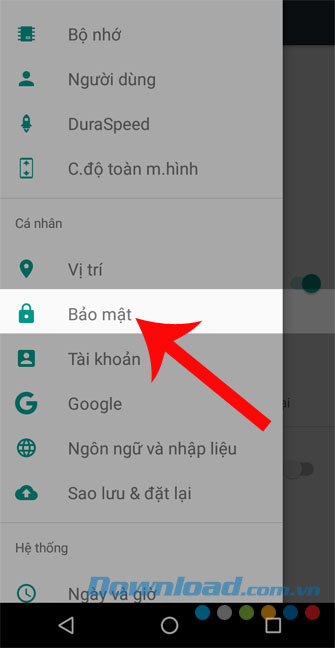 Nhấn vào Bảo mật