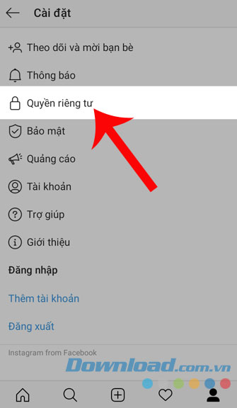 Nhấn vào Quyền riêng tư