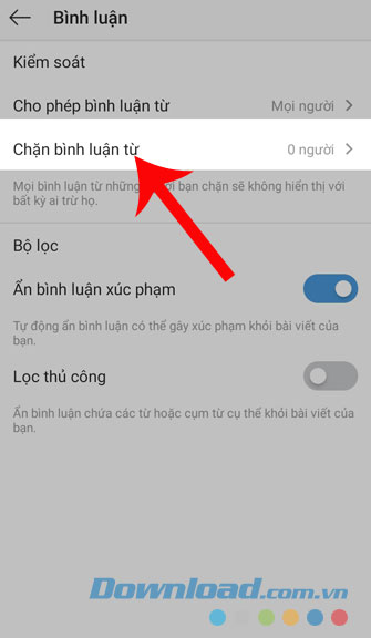 Nhấn vào mục Chặn bình luận từ