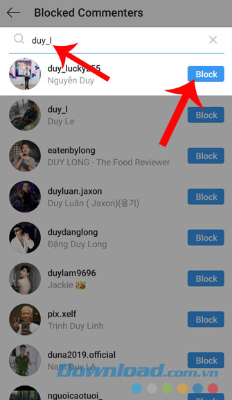 Tìm tài khoản muốn chặn và nhấn Block