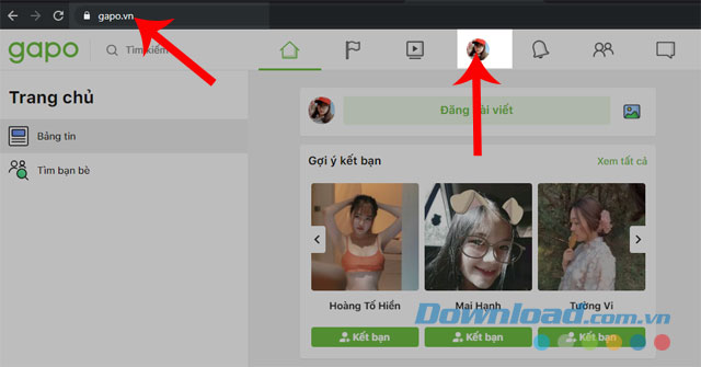Truy cập vào Gapo và ấn vào biểu tượng tài khoản
