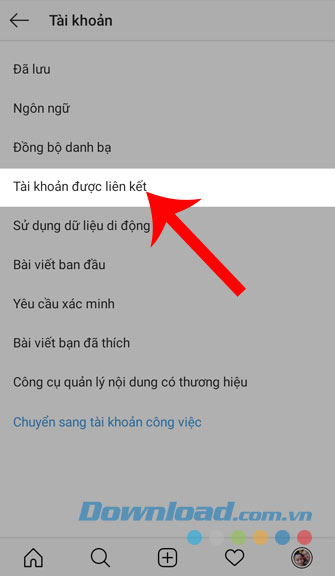 Nhấn vào Tài khoản được liên kết