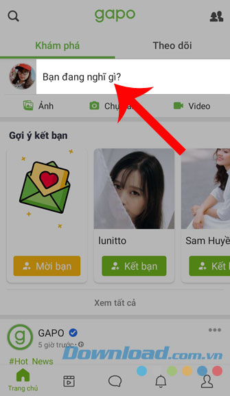 Nhấn vào ô Bạn đang nghĩ gì