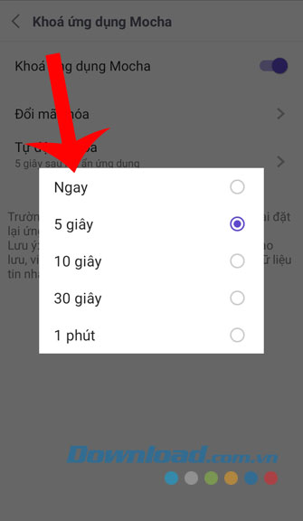 Nhấn vào hình tròn trước thời gian tự động khóa