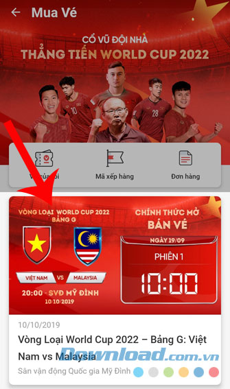 Nhấn vào trận bóng mình muốn mua vé