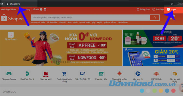 Nhấn vào tài khoản Shopee