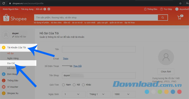 Ấn vào mục Tài khoản của tôi và mục Địa chỉ