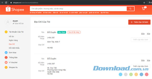 Địa chỉ sau khi đã được thêm