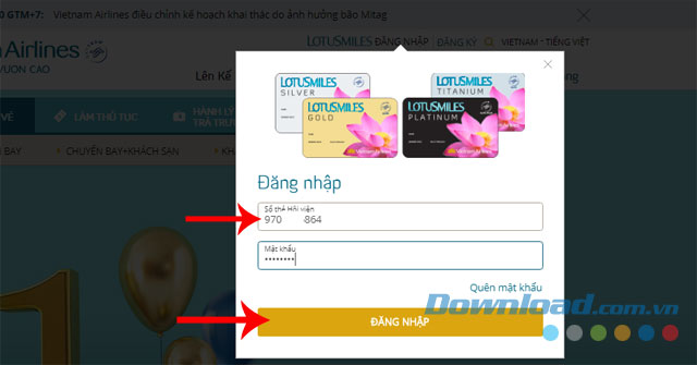 Nhập số tài khoản và mật khẩu, rồi ấn Đăng nhập