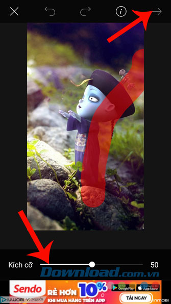 Khoanh vùng khu vực chọn và nhấn vào mũi tên