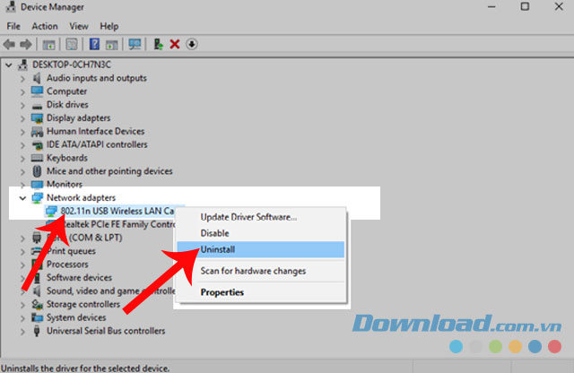 Nhấn chuột phải vào tên Wireless adapter và chọn Unistall