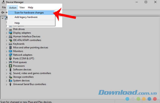 Nhần vào mục Scan for hardware changes trong phần Action