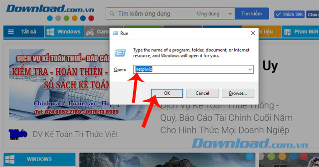 Nhập dòng lệnh "netplwiz"