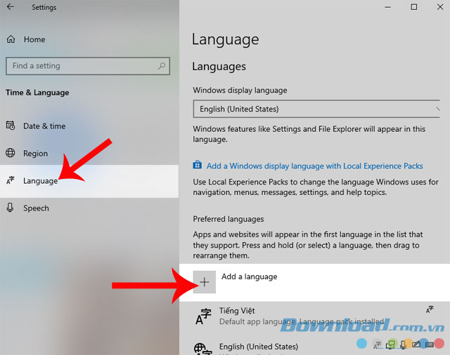 Nhấn vào mục Language rồi, ấn vào dấu cộng tại mục Add a Language