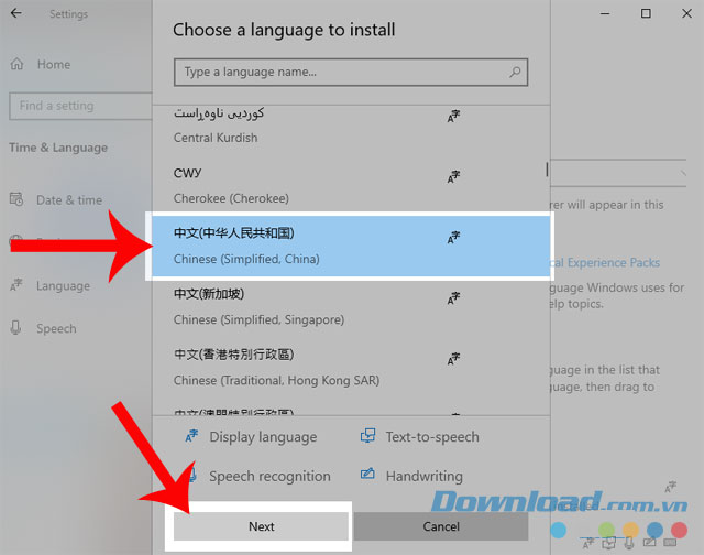 Chọn ngô ngữ Chinese (Simplified, China) và nhấn Next