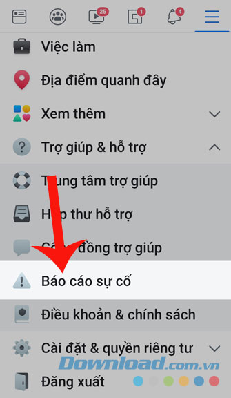 Chọn mục Báo cáo sự cố